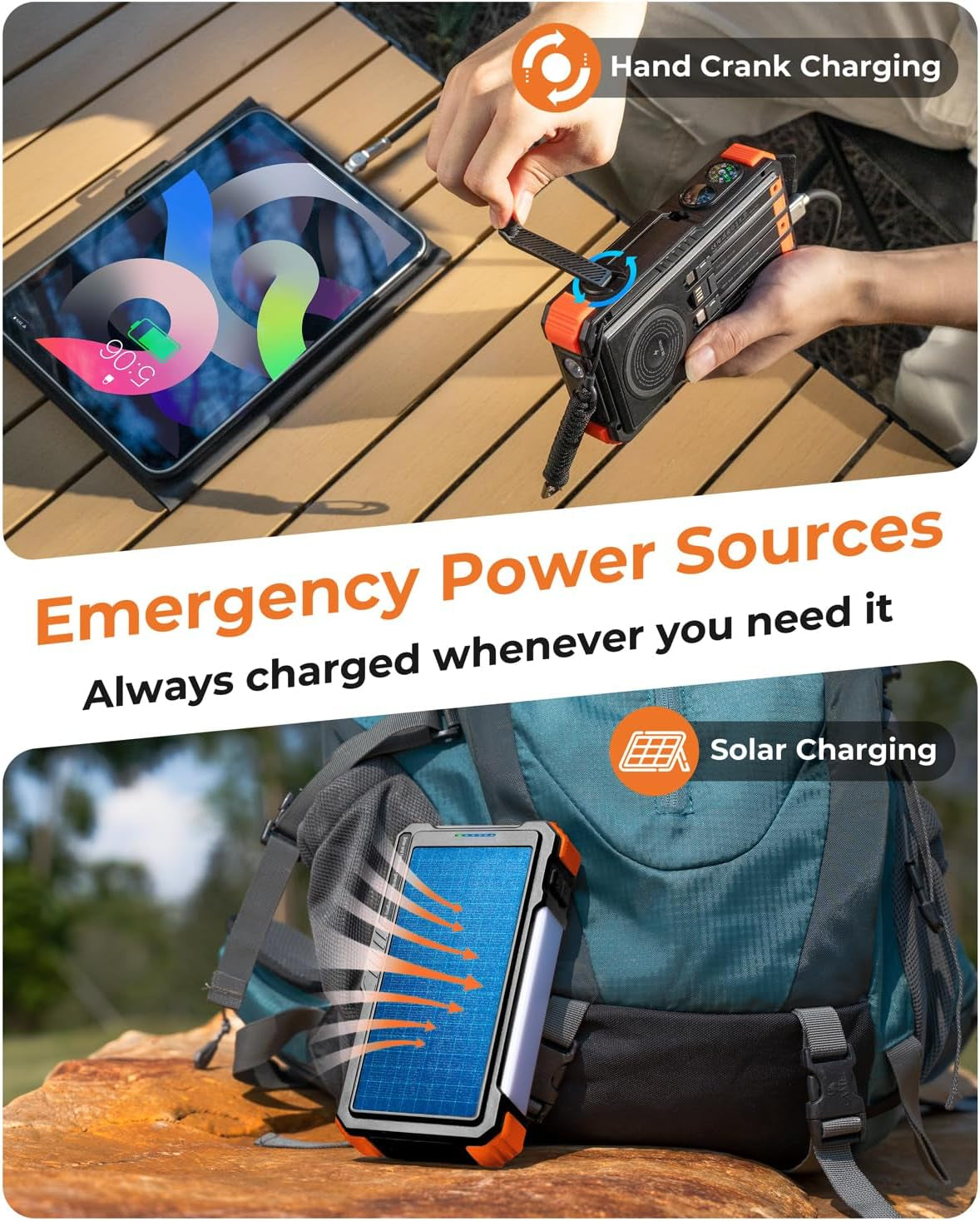 Solar Power Bank with Hand Crank and Built-In 4 Cables 20000Mah