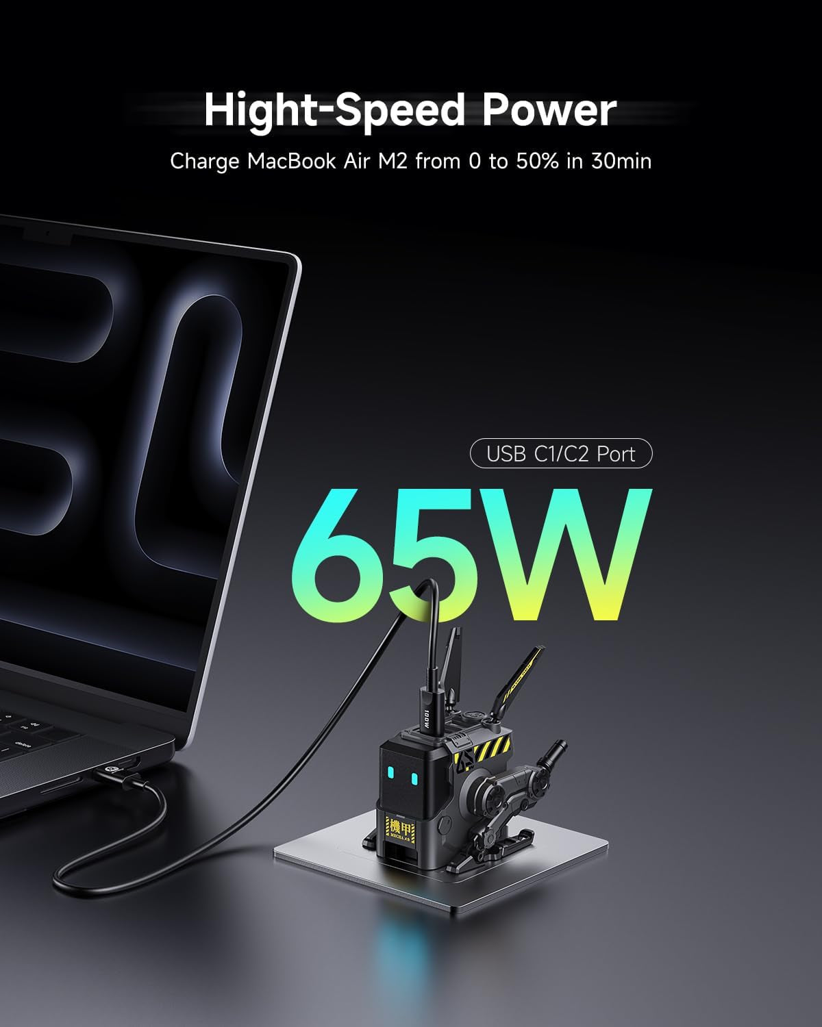 65W Gan Robot USB-C Charger with 3 Ports