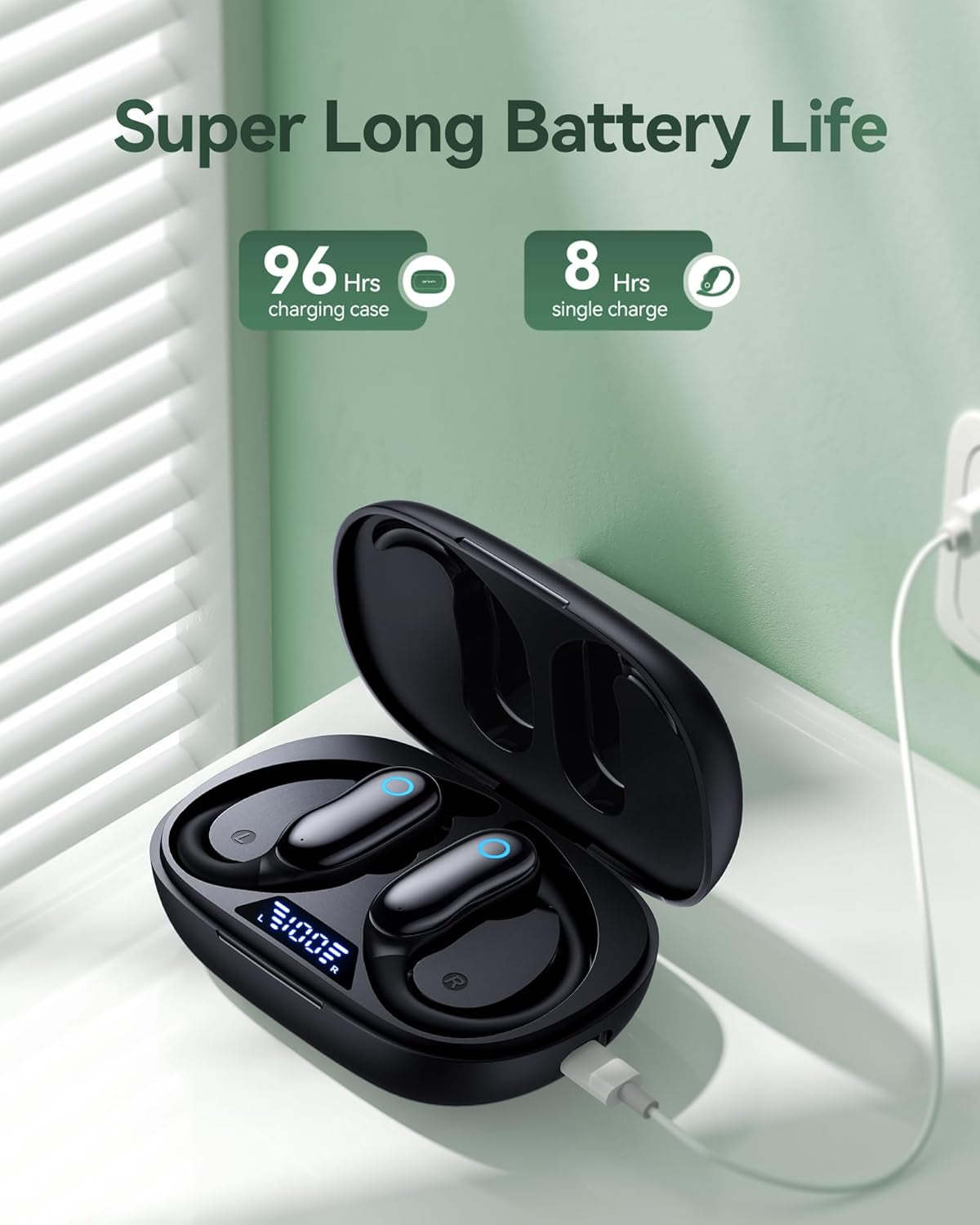 Active Noise Cancelling Ear Buds Wireless Earbuds 96Hrs Playback Bluetooth Headphones Dual Battery Display Stereo Bass Earphones with Earhooks Microphone IPX7 Waterproof for Sports/Runing/Workout