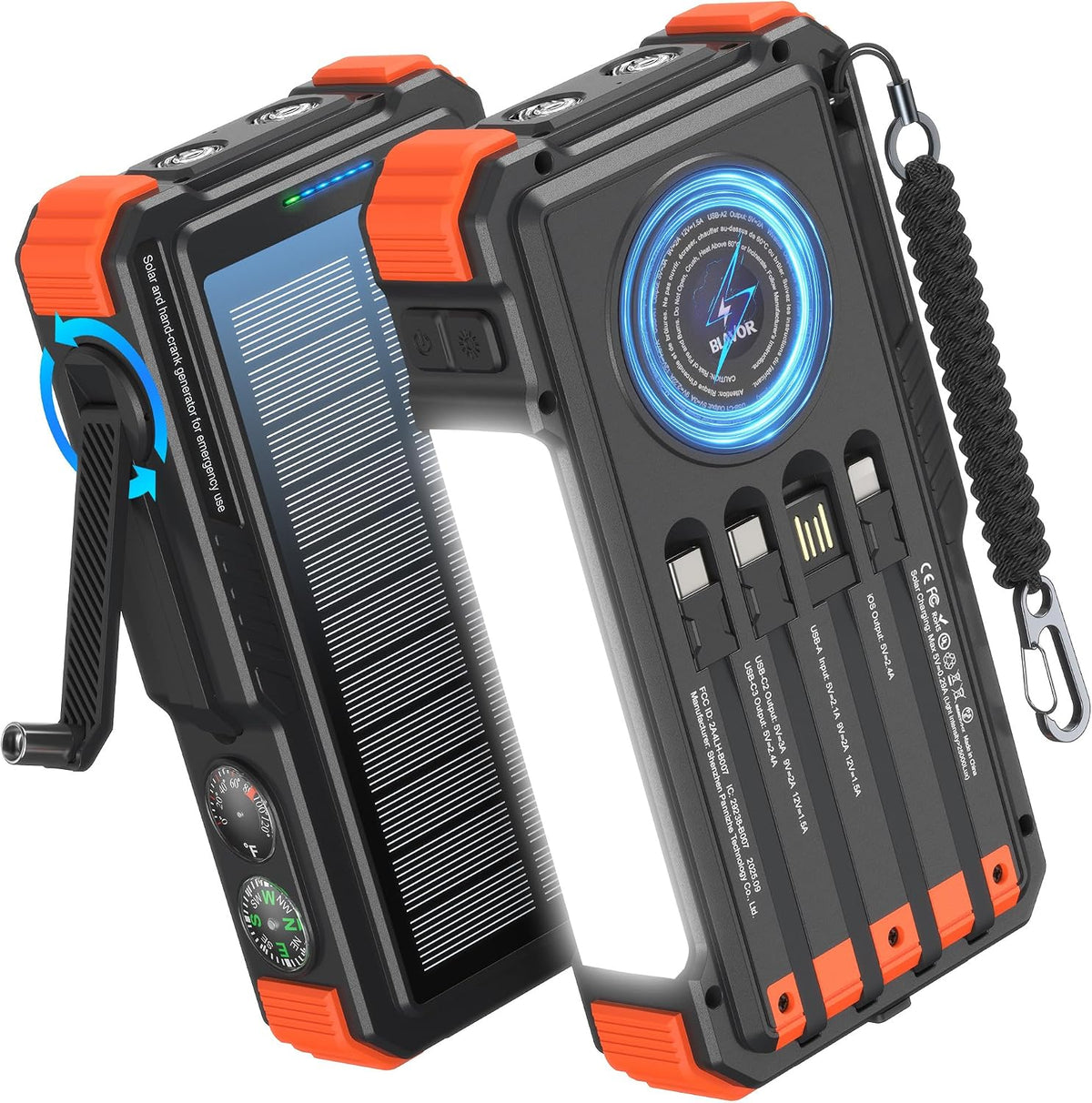 Solar Power Bank with Hand Crank and Built-In 4 Cables 20000Mah