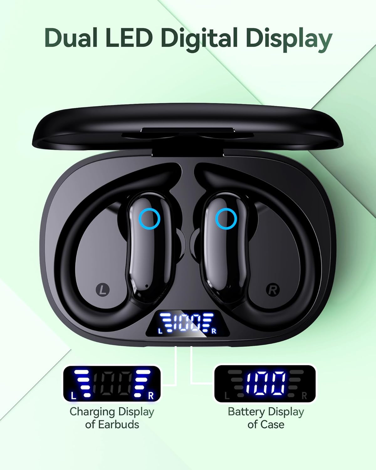 Active Noise Cancelling Ear Buds Wireless Earbuds 96Hrs Playback Bluetooth Headphones Dual Battery Display Stereo Bass Earphones with Earhooks Microphone IPX7 Waterproof for Sports/Runing/Workout
