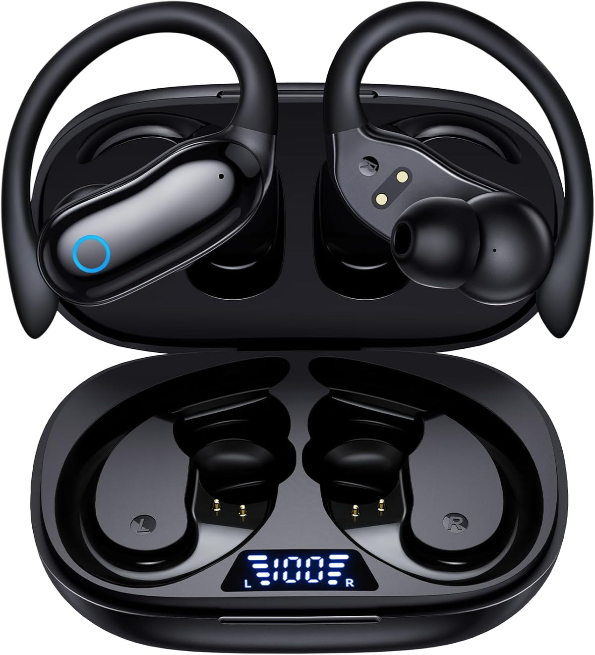 Active Noise Cancelling Ear Buds Wireless Earbuds 96Hrs Playback Bluetooth Headphones Dual Battery Display Stereo Bass Earphones with Earhooks Microphone IPX7 Waterproof for Sports/Runing/Workout