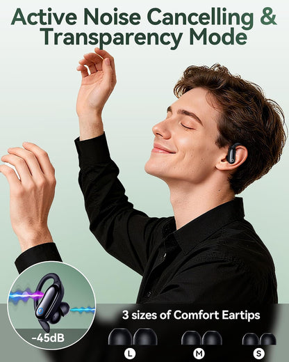 Active Noise Cancelling Ear Buds Wireless Earbuds 96Hrs Playback Bluetooth Headphones Dual Battery Display Stereo Bass Earphones with Earhooks Microphone IPX7 Waterproof for Sports/Runing/Workout